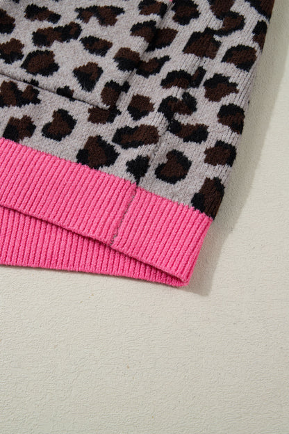 Khaki Oversize Color Block Trim Button Down Leopard Print Cardigan