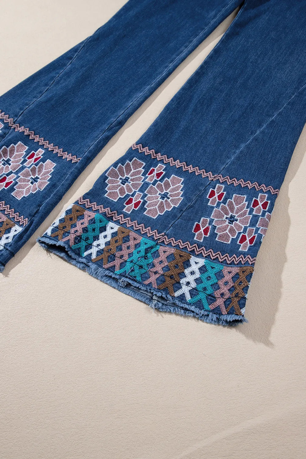 Ashleigh Blue Geometric Embroidered Raw Hem Flared Jeans - Chic Meadow Boutique 