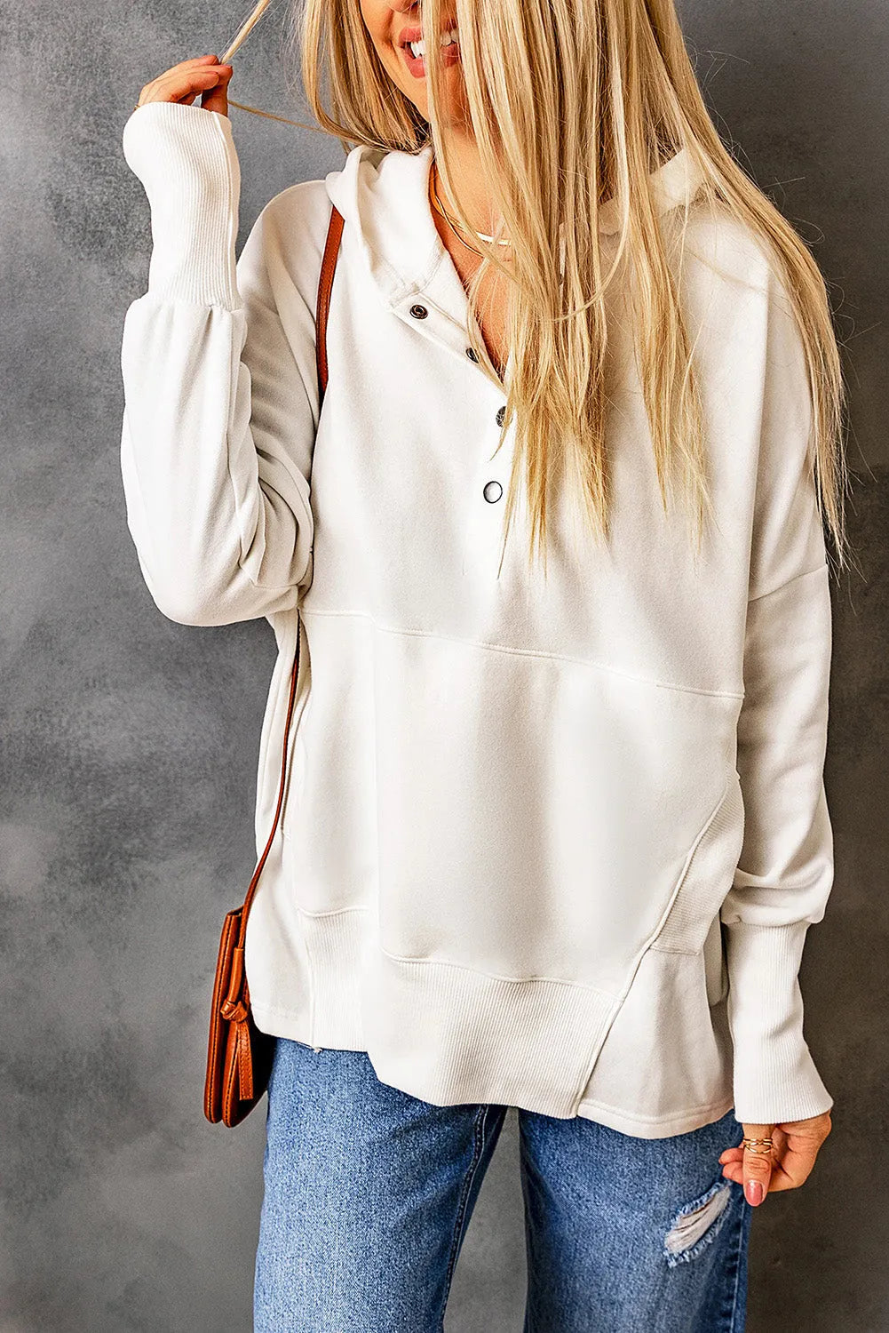 White Batwing Sleeve Pocketed Henley Hoodie - Chic Meadow Boutique 