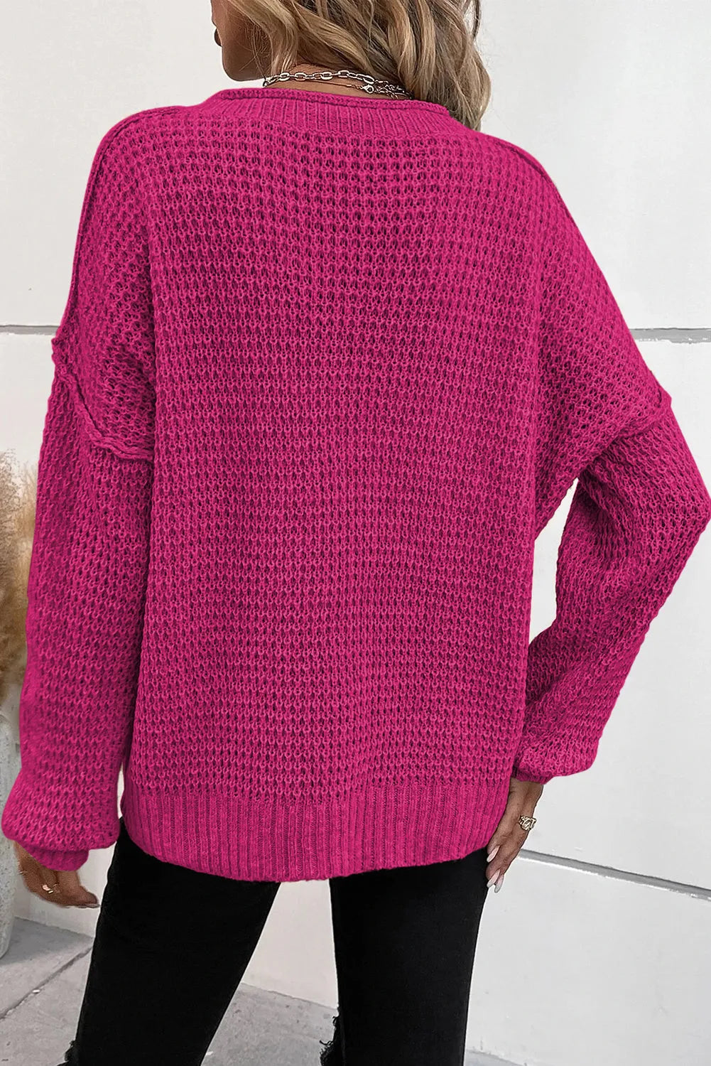 Rose Red Pointelle Knit Button V Neck Drop Shoulder Sweater - Chic Meadow Boutique 