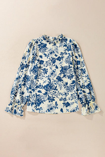 Sky Blue Floral Print Flounce Sleeve Keyhole Back Blouse - Chic Meadow Boutique 