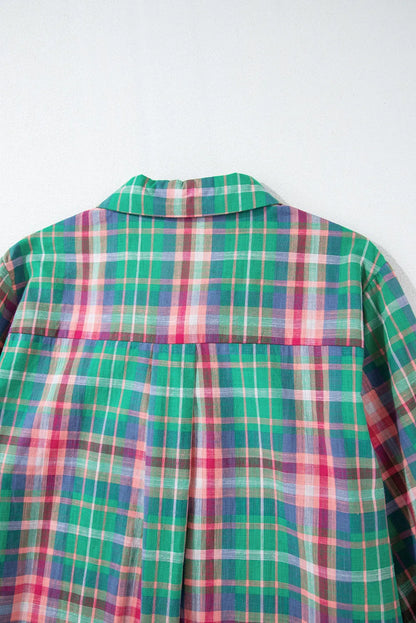 Green Checkered 3/4 Sleeve Collared Loose Fit Shirt - Chic Meadow Boutique 