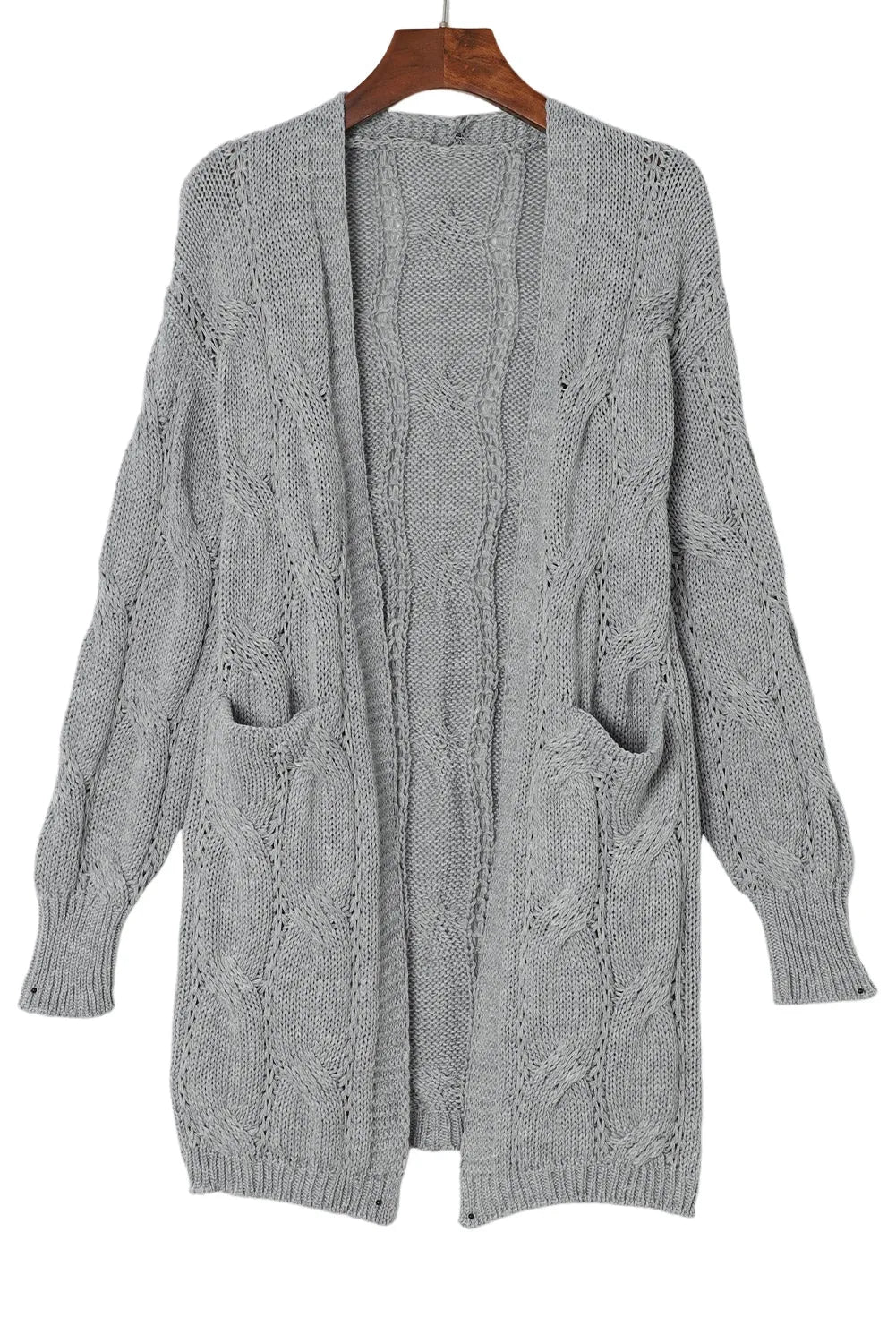 Gray Ribbed Trim Eyelet Cable Knit Cardigan - Chic Meadow Boutique 