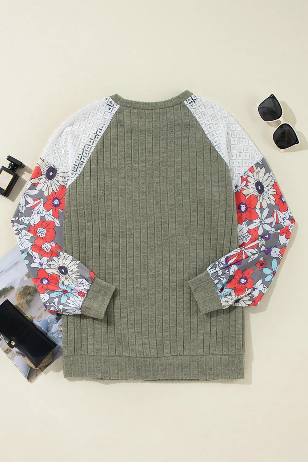 Laurel Green Floral Patchwork Long Sleeve Ribbed Blouse - Chic Meadow Boutique 