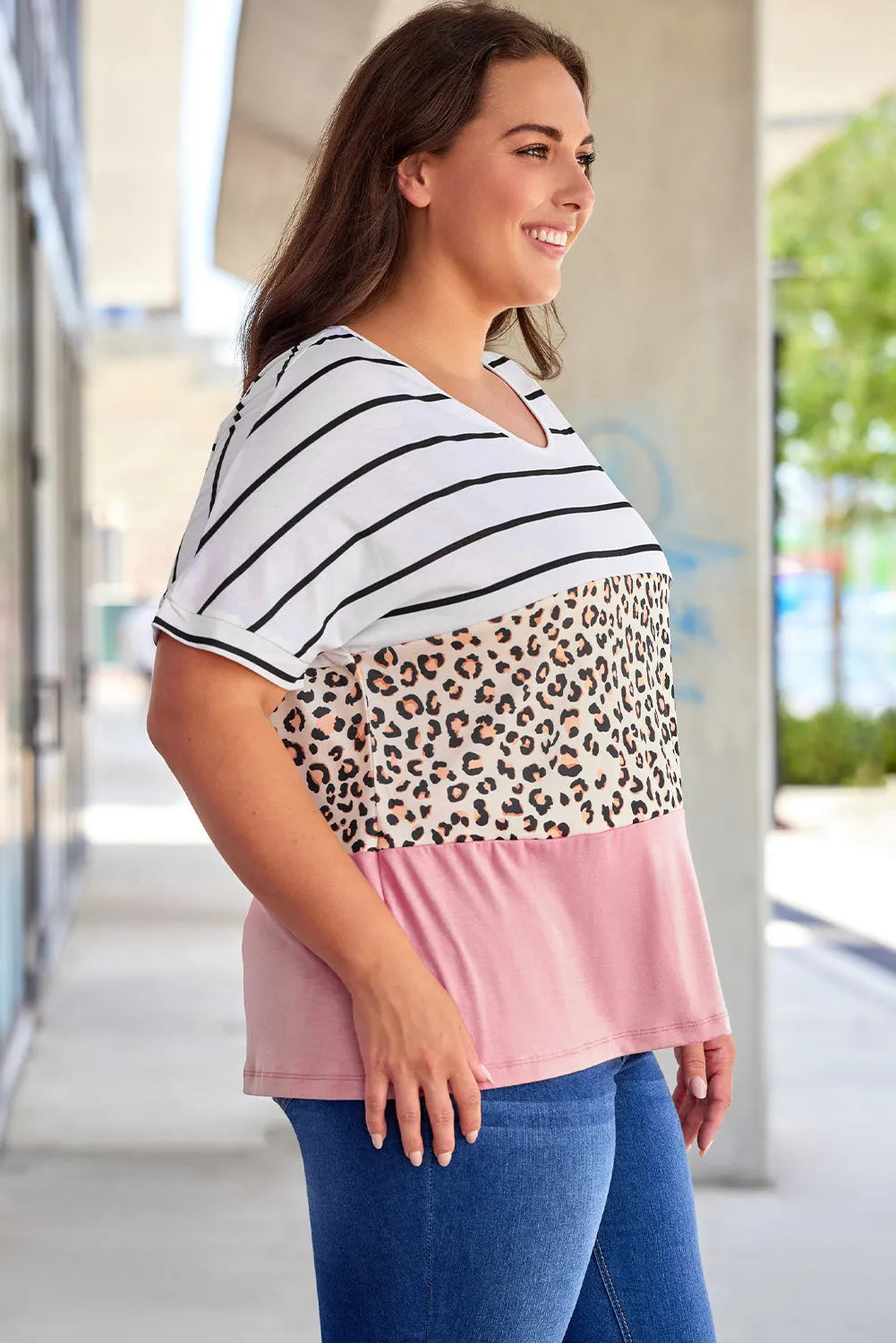 Striped Leopard Color Block Plus Size T-Shirt - Chic Meadow Boutique 