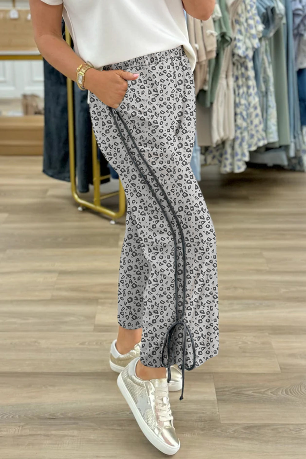 Khaki Leopard High Waist Side Bow Straight Leg