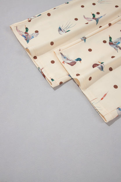 Beige Polka Dot Mallard Print Crewneck Pullover Two Piece Pants Set