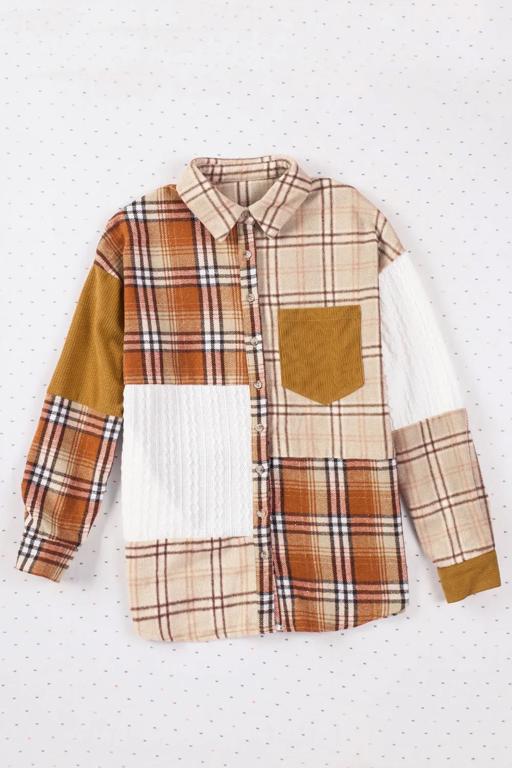 Orange Plaid Color Block Patchwork Shirt Jacket with Pocket - Chic Meadow Boutique 