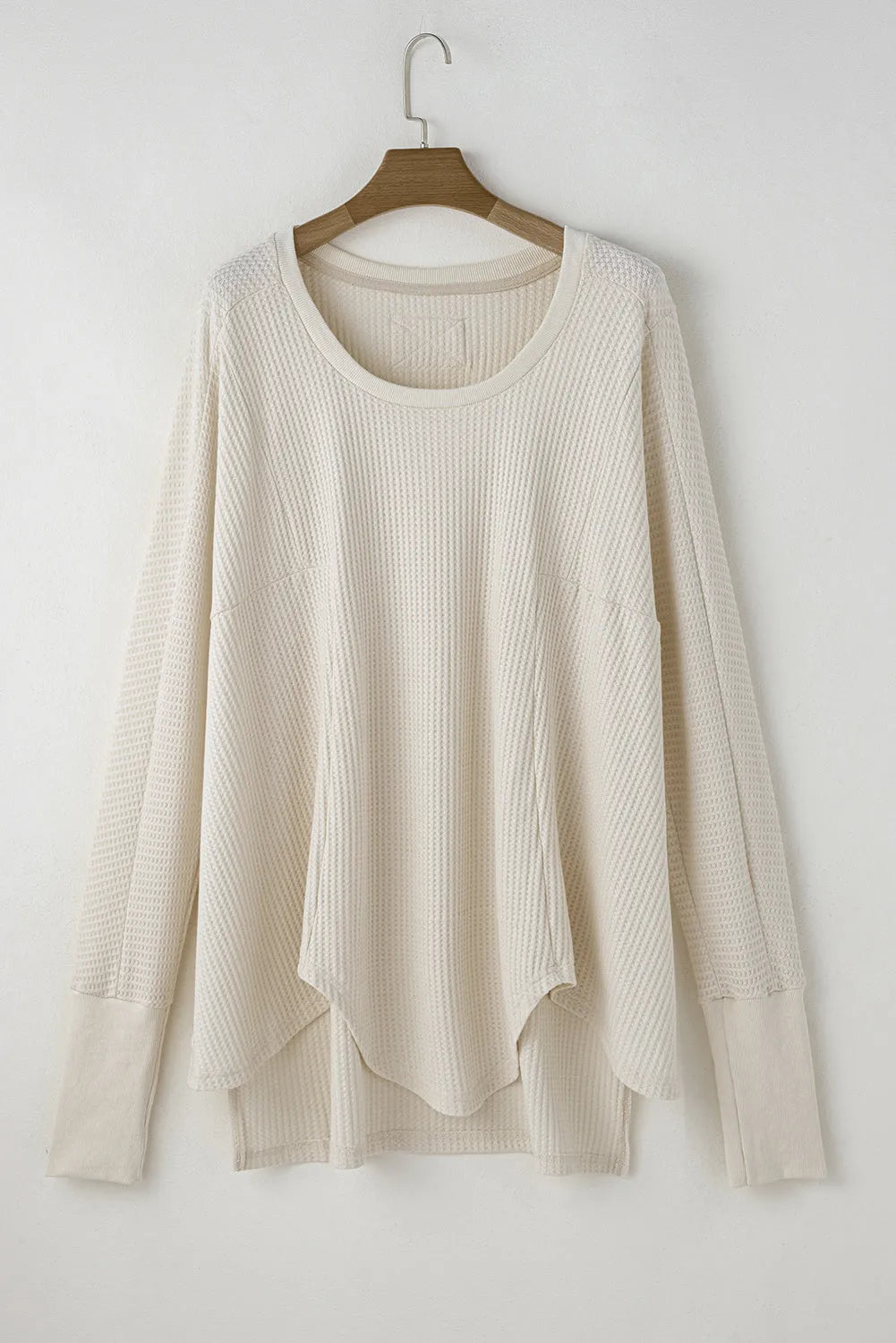 White Waffle Knit Exposed Seam V Neck Oversized Top - Chic Meadow Boutique 