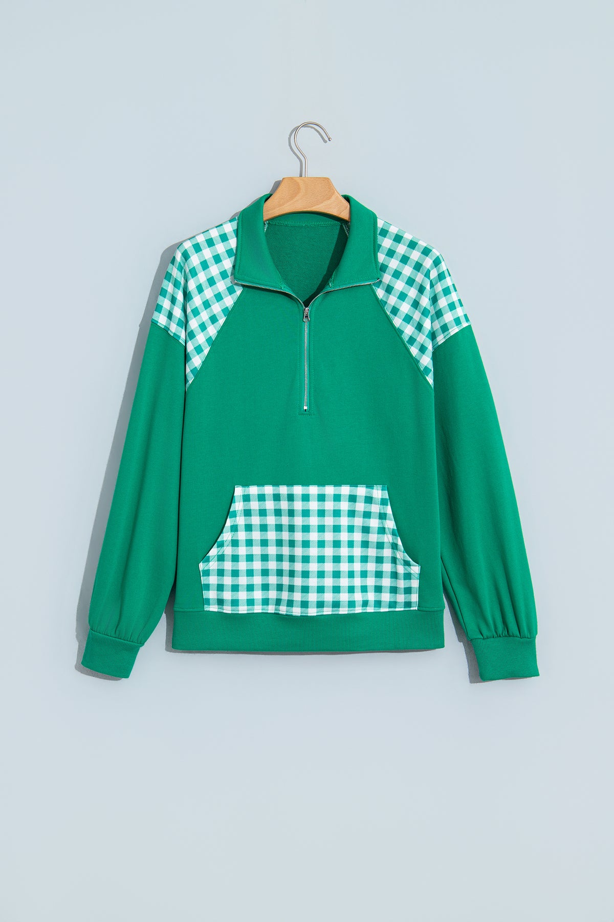 Dark Green Patchwork Plaid Pocket Quarter Zip Sweatshirt