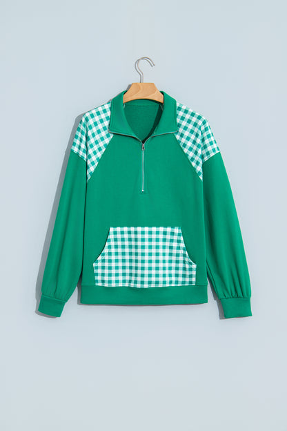 Dark Green Patchwork Plaid Pocket Quarter Zip Sweatshirt