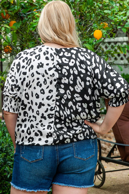 Black Plus Size Contrast Leopard Half Sleeve Blouse - Chic Meadow Boutique 