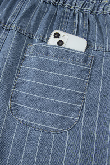 Sky Blue Stripe Drawstring Button Pleated High Waist Denim Shorts