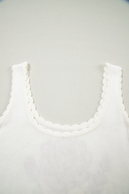 White Retro Floral Print Scalloped Square Neck Knit Sweater Vest