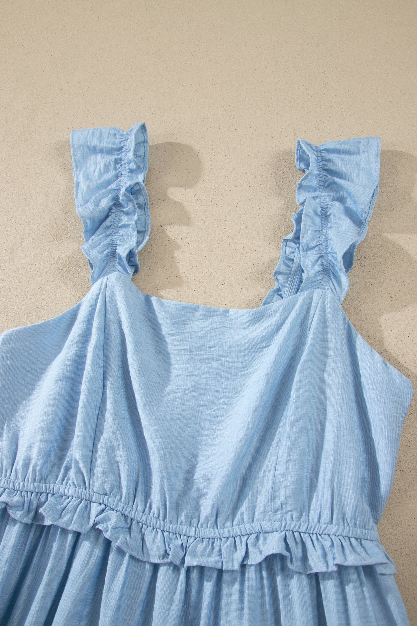 Beau Blue Solid Color Ruffle Trim High Waist Sleeveless Maxi Dress