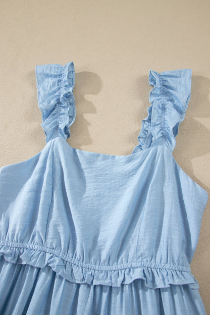 Beau Blue Solid Color Ruffle Trim High Waist Sleeveless Maxi Dress