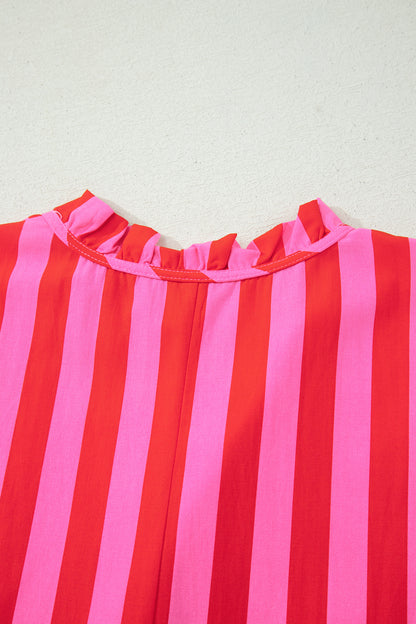 Rose Stripe Frilled Collar Button Neck Short Sleeve Curvy Mini Dress