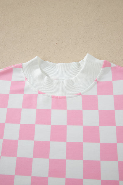Pink Checkered Print Color Block Trim Mock Neck Short Set