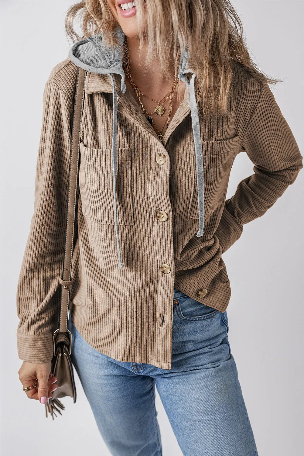 Pale Khaki Hooded Drawstring Pockets Corduroy Shacket - Chic Meadow Boutique 