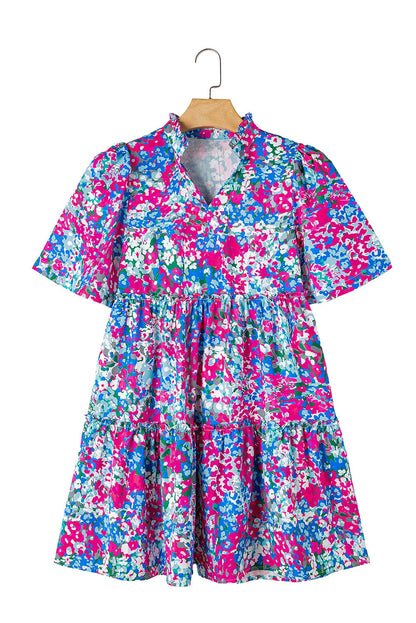 Multicolour Floral Short Sleeve V Neck Tiered Mini Dress - Chic Meadow Boutique 