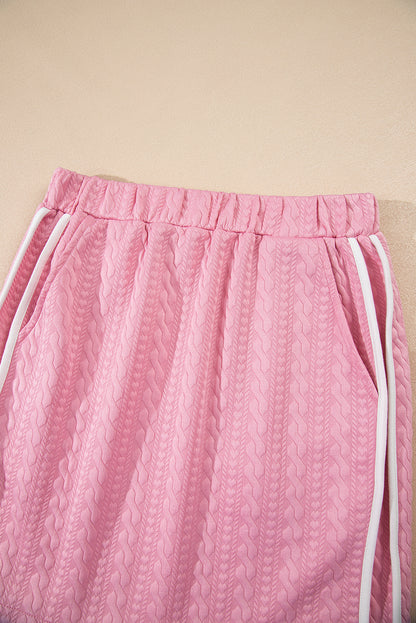 Pink Contrast Trim Textured Crewneck Tee and Pocketed Skirt Set