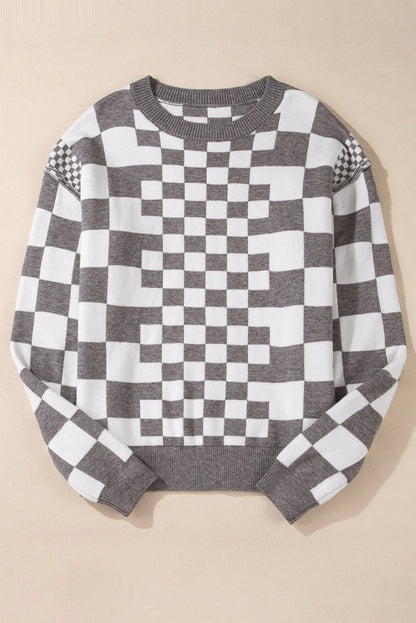 Gray Checkered Print Drop Shoulder Round Neck Sweater - Chic Meadow Boutique 