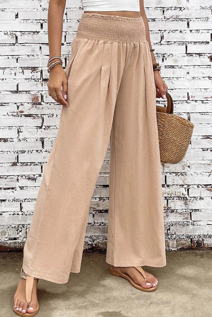 Bottoms/Pants & Culotte Khaki Smocked Wide Waistband High Waist Wide Leg Pants