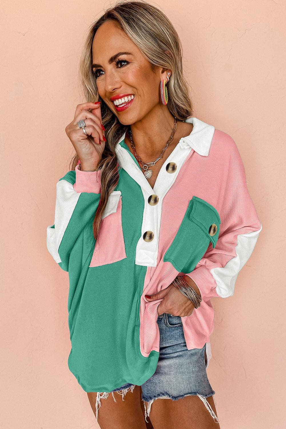 Tops/Sweatshirts & Hoodies Pink Colorblock Ribbed Collared Oversized Sweatshirt