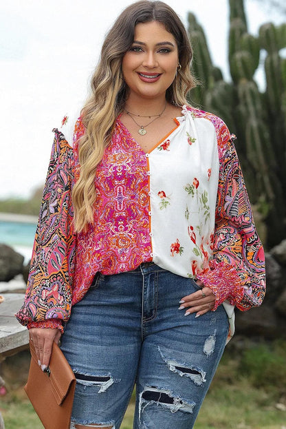 Plus Size/Plus Size Tops/Plus Size Blouses & Shirts Pink Multicolor Floral Patchwork Shirred Cuffs Buttoned Blouse