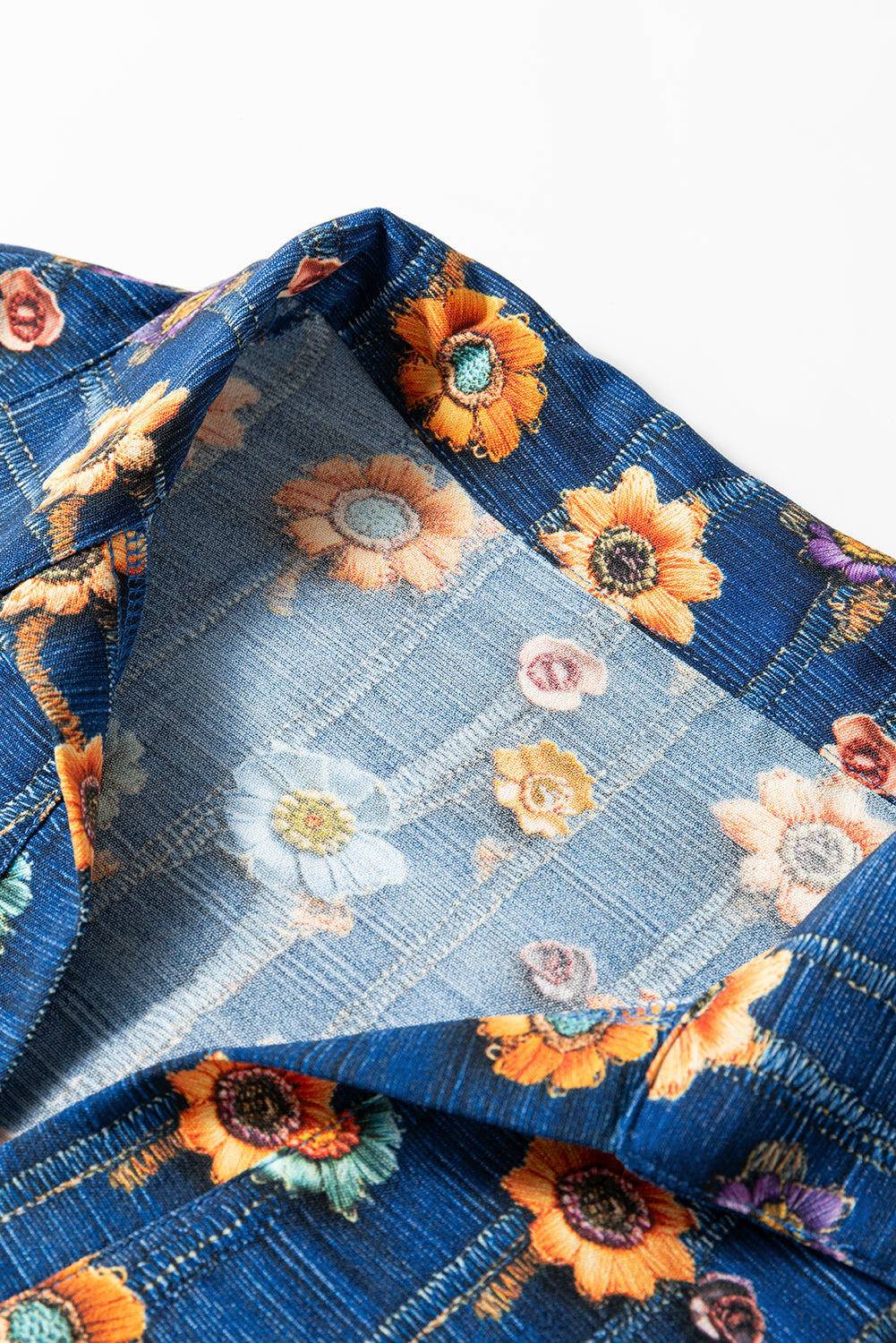 Blue Floral Collared V Neck Roll up Sleeve Shift Blouse