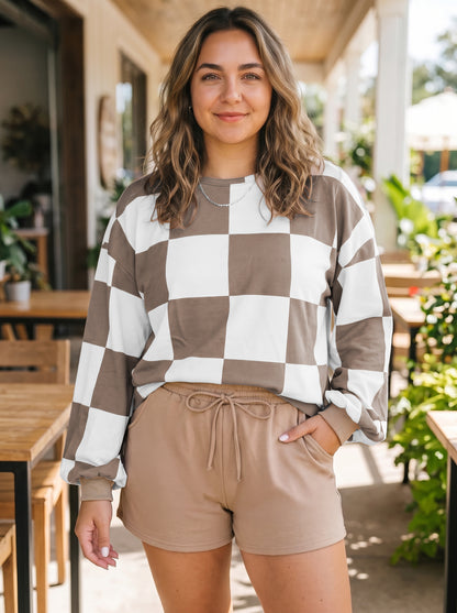 Khaki Checkered Contrast Long Sleeve Top Solid Shorts Plus Size 2pcs Set