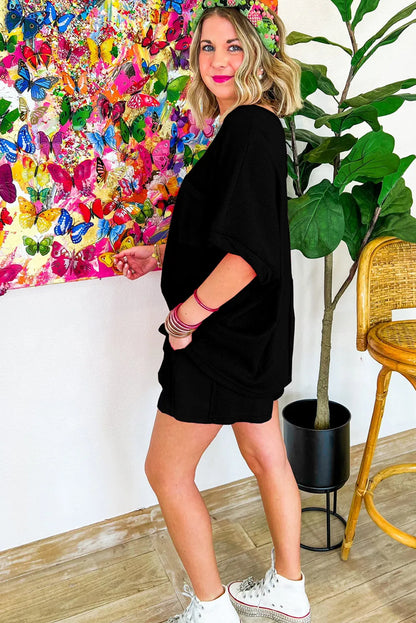 Black Waffle Knit Oversize Tee and Shorts Set - Chic Meadow Boutique 