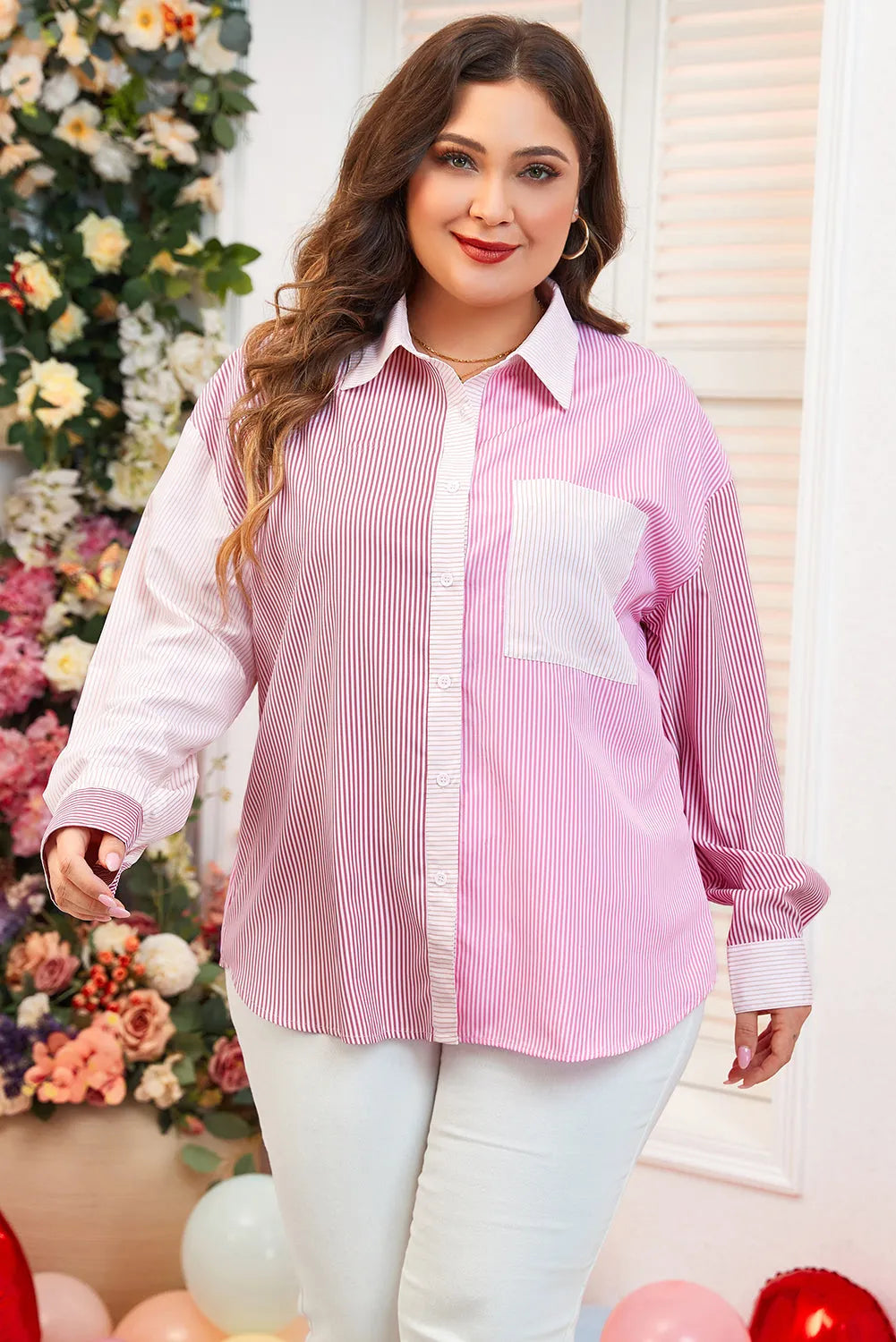 Pink Stripe Print Colorblock Plus Size Shirt - Chic Meadow Boutique 