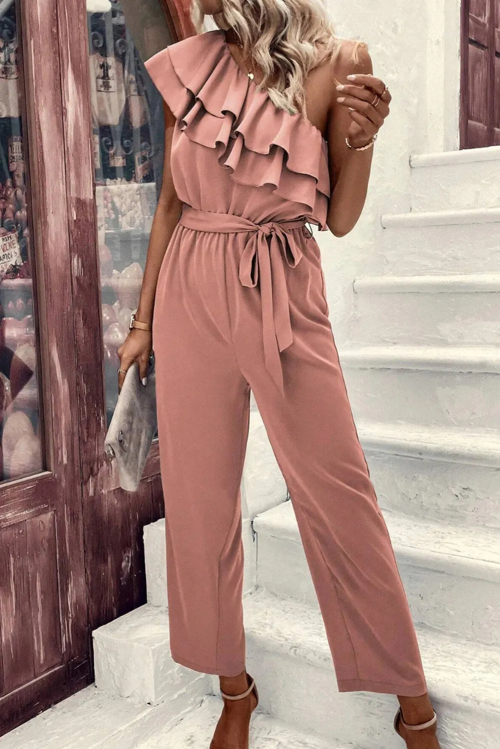 Dusty Pink One Shoulder Ruffle Trim Belted Jumpsuit - Chic Meadow Boutique 