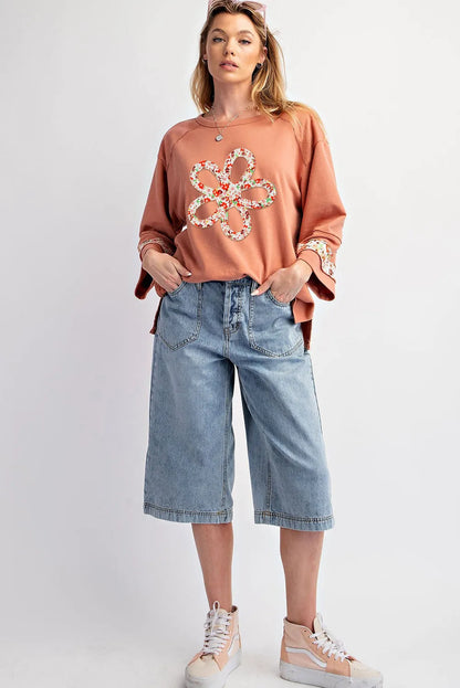 Grapefruit Orange Flower Patch Graphic Exposed Seam Wide Sleeve Top - Chic Meadow Boutique 