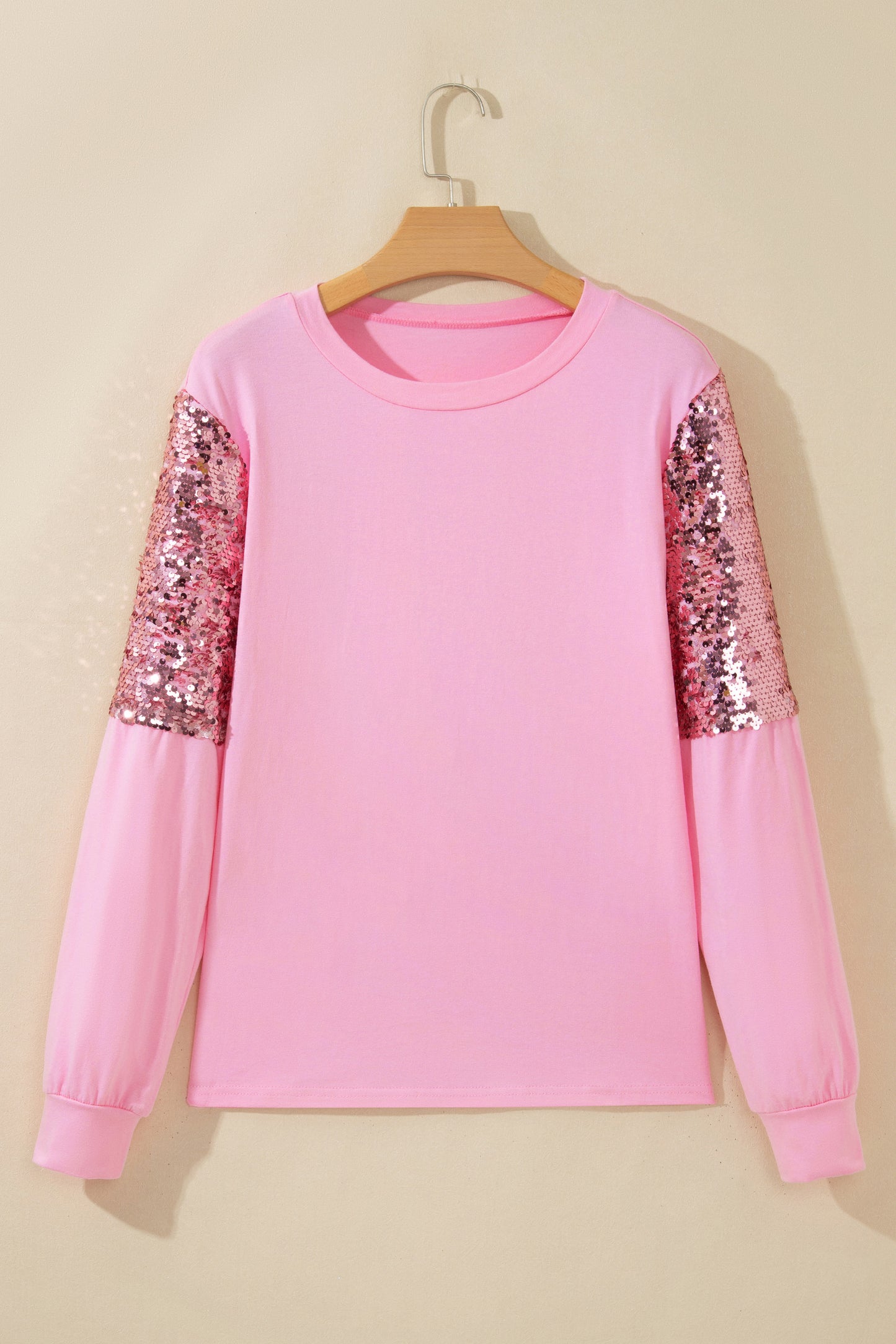 Pink Long Sleeve Sequin Round Neck Pullover Top