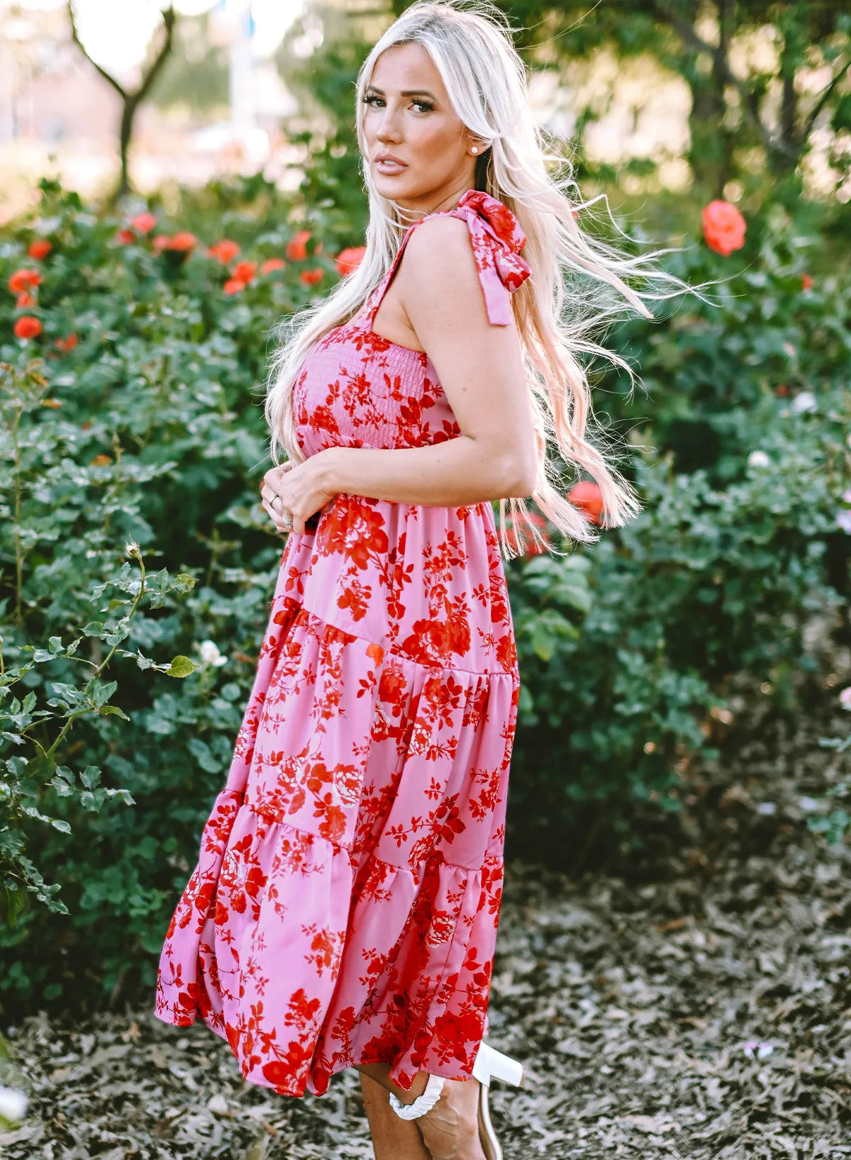 Pink Tie Shoulder Straps Tiered Floral Dress - Chic Meadow Boutique 