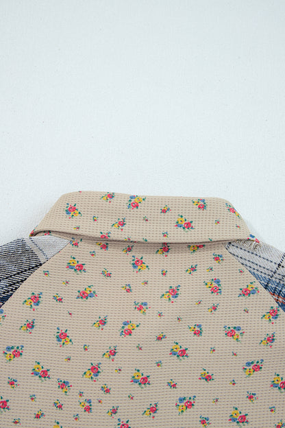 Ashleigh Blue Boho Floral Plaid Patchwork Distressed Detail Ruffled Sleeve Waffle Knit Shacket