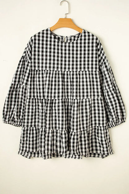 Black Checkered Puff Sleeve Tiered Loose Babydoll Blouse - Chic Meadow Boutique 