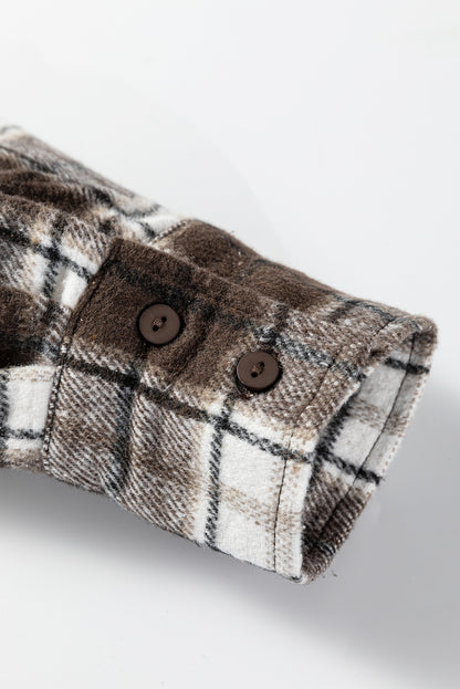 Dark Brown Flanel Plaid Single Chest Pocket Boyfriend Shacket