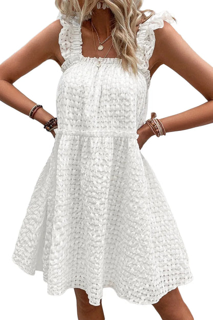 White Plaid Ruffled Straps Flowy Sleeveless Dress - Chic Meadow Boutique 