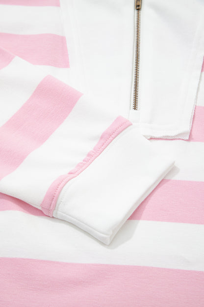 Pink Stripe Color Block Patchwork Zip Long Sleeve Top Elastic Waist Pants Set