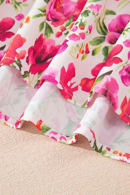 Red Floral Print Striped Patchwork Collared Short Sleeve Blouse