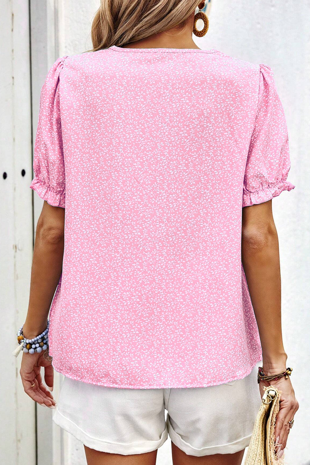 Pink Floral Embroidered Puff Sleeve Notched V Neck Blouse