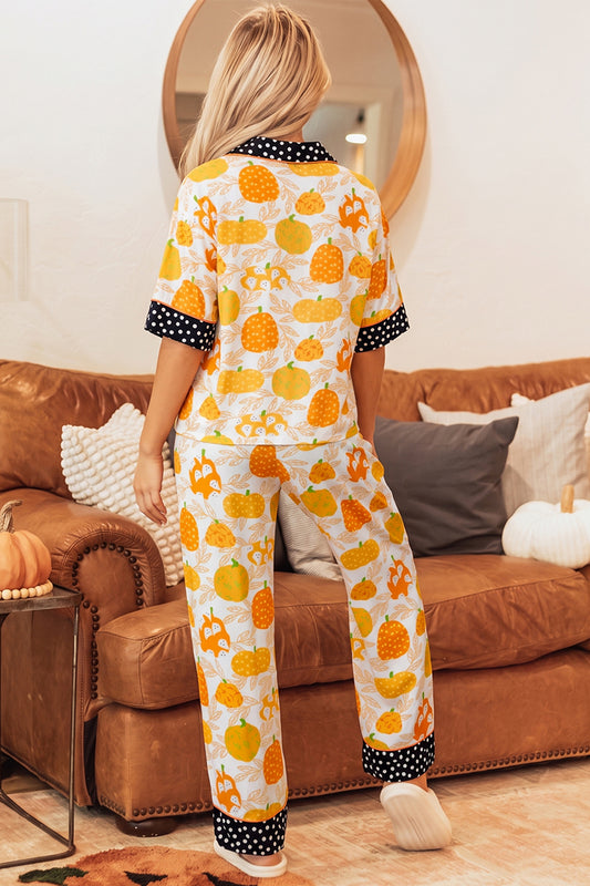 Orange Short Sleeve Pumpkin Print Polka Dot Trim Pocket Pocket Placket Home Wear Lounge Set
