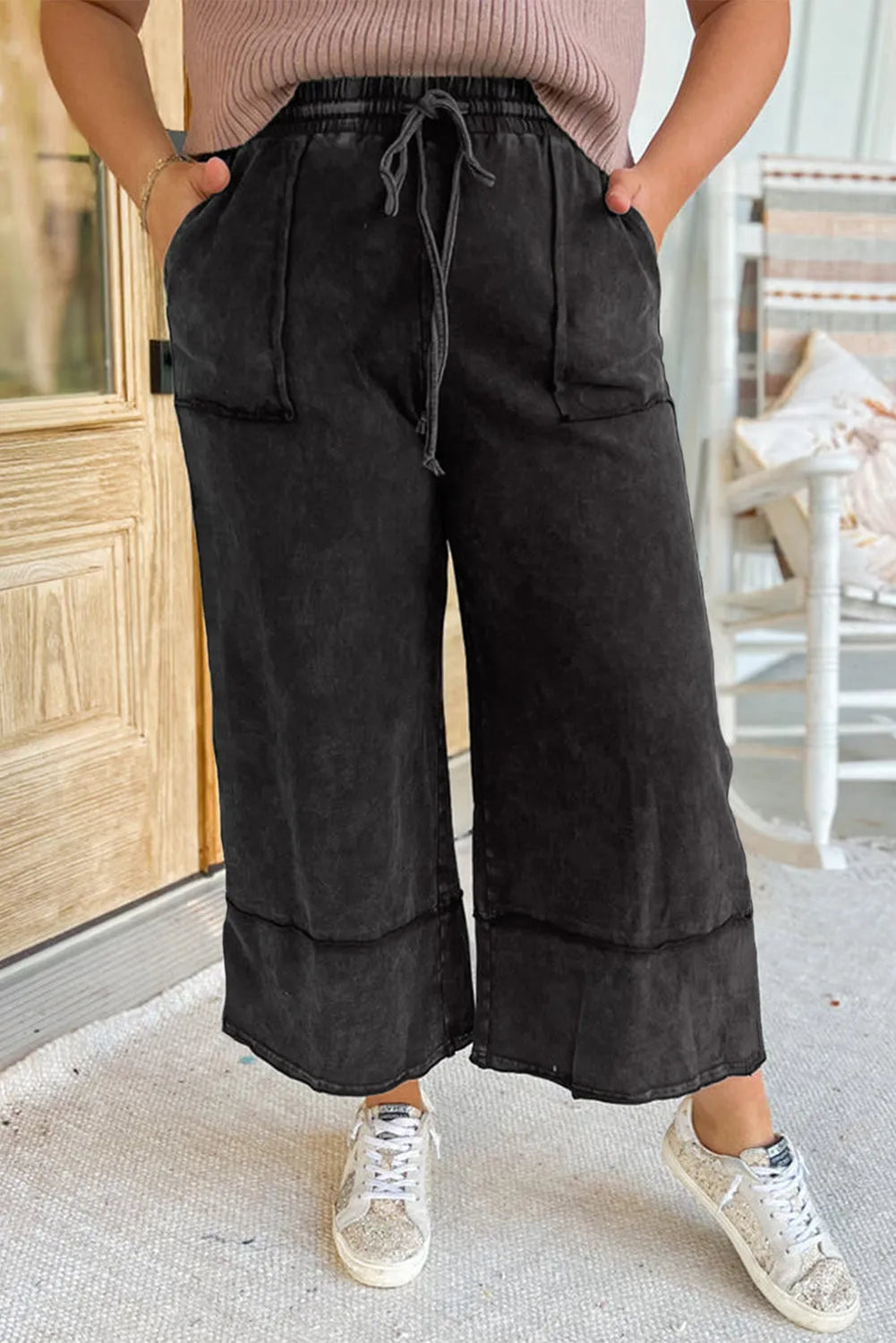 Black Plus Mineral Wash Exposed Seam Wide Leg Cropped Pants - Chic Meadow Boutique 