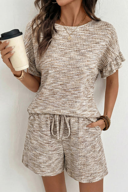 Pale Khaki Heather Textured Ruffle Sleeve Top and Drawstring Shorts Set