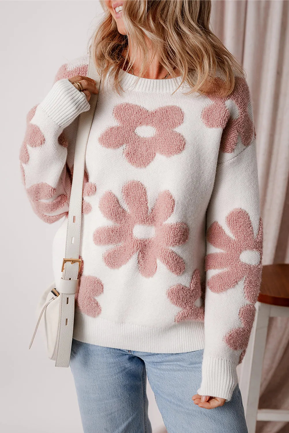 White Textured Flower Drop Shoulder Loose Sweater - Chic Meadow Boutique 