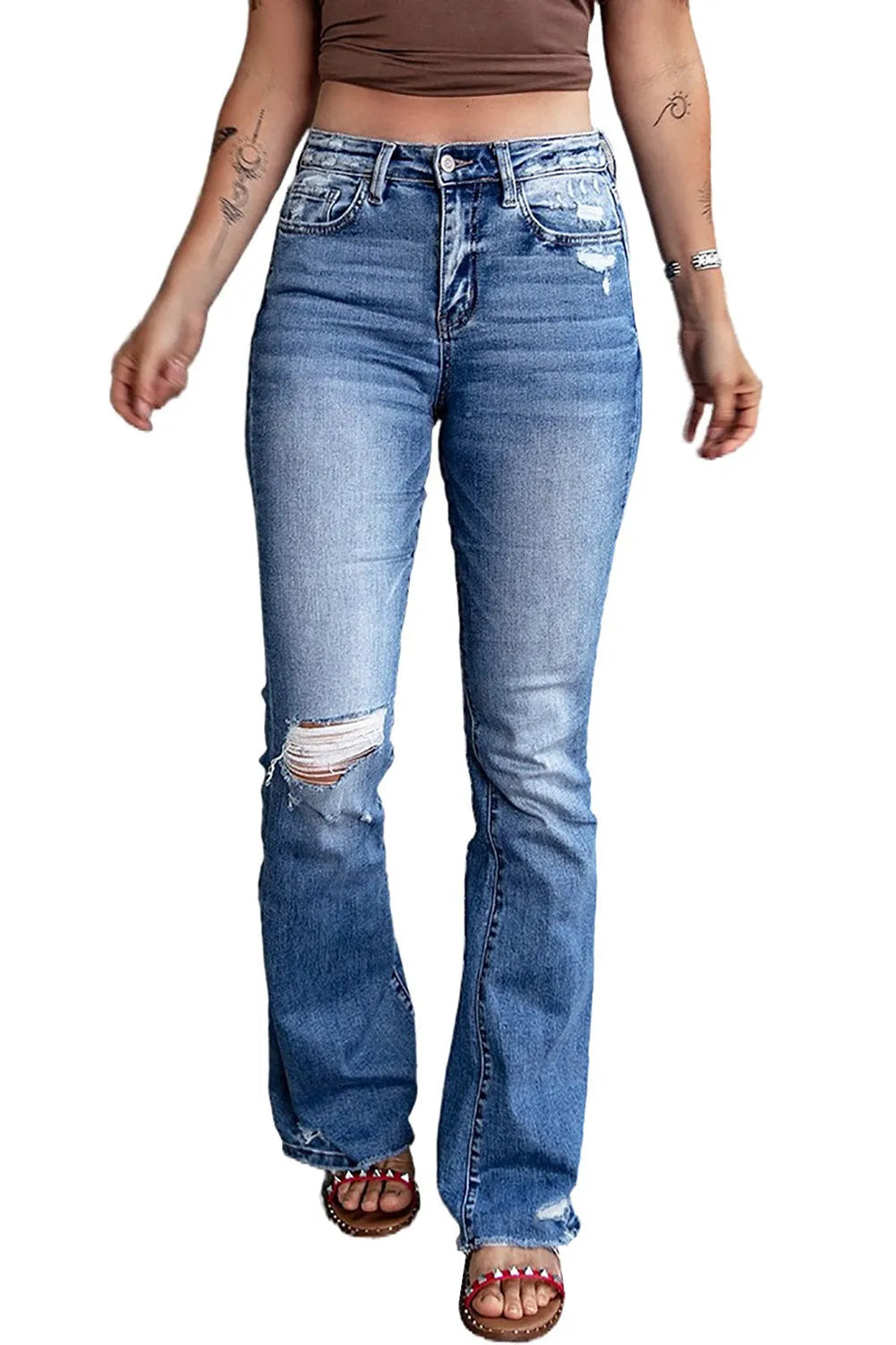 Blue Distressed Flare Jeans - Chic Meadow Boutique 