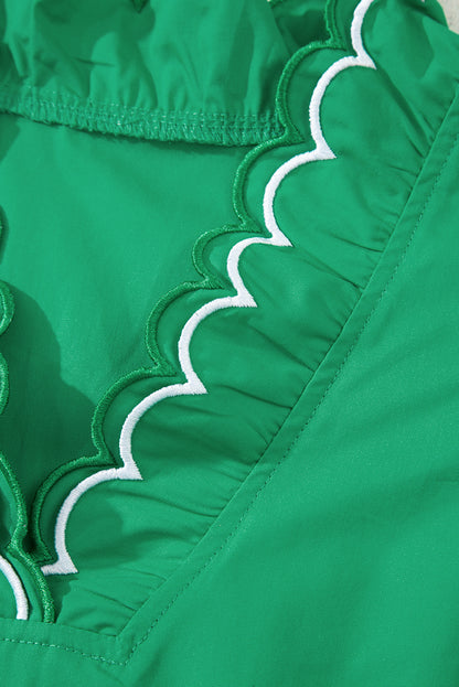 Bright Green Contrast Scallop Trim Layered Short Sleeve V Neck Blouse